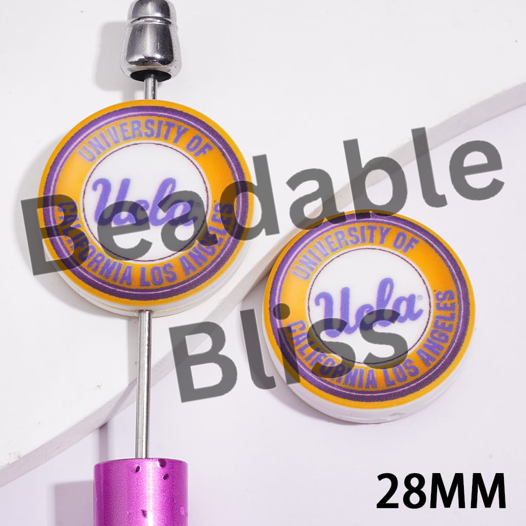 Silicone Focal Beads with USA UCLA Bears Basketball Team Prints, Flat Round Shape