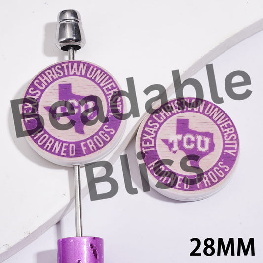 Silicone Focal Beads with USA TCU Football Team Frog Pattern, Flat Round Shape