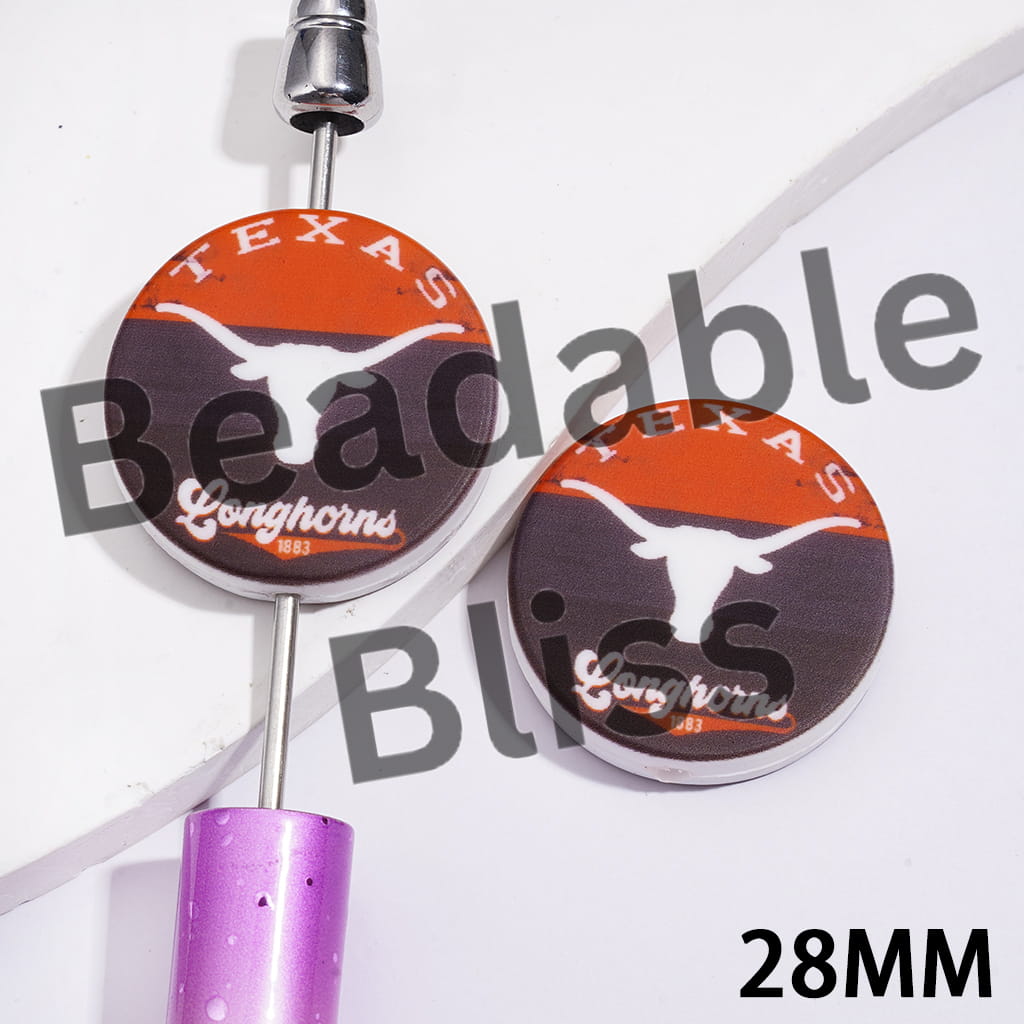 Silicone Focal Beads with USA Texas University Ox Horn Basketball Team, Flat Round Shape
