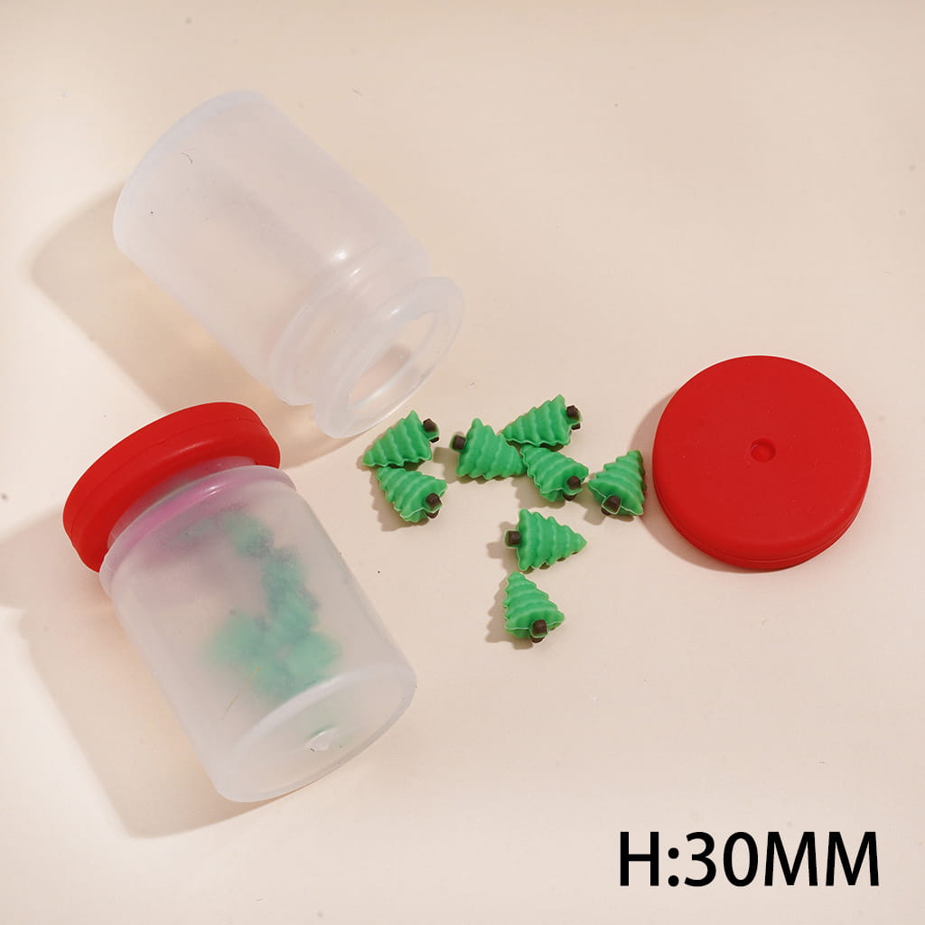 Soft Silicone Shaker Beads with Red Lid, Mini Christmas Trees Inside Bottle, Large Size, Clear