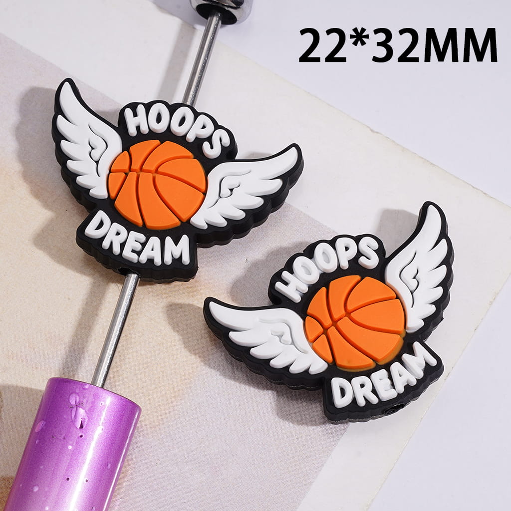 Silicone Focal Beads Basketball with White Angel Wings and Text "HOOPS & DREAM"