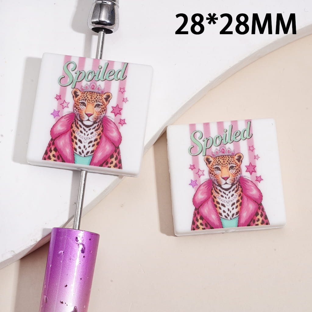 Silicone Focal Beads with Fashionable Cheetah and  Text "Spoiled" and Stars, Flat Round Shape