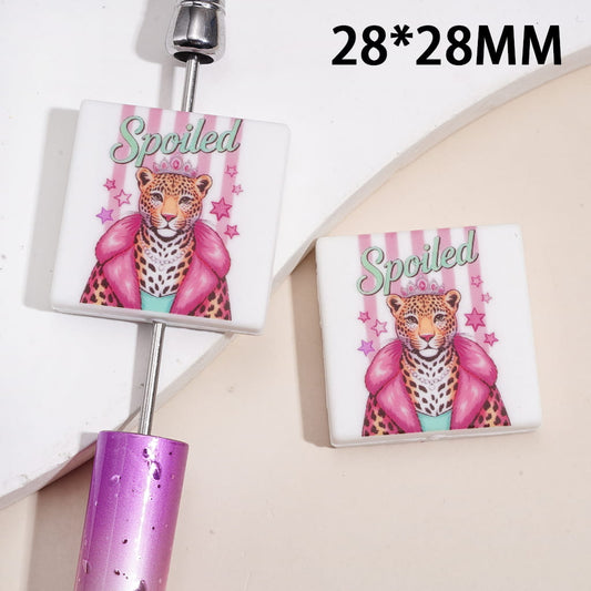 Silicone Focal Beads with Fashionable Cheetah and  Text "Spoiled" and Stars, Flat Square Shape