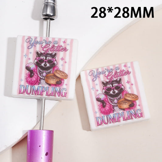 Silicone Focal Beads w Rich Raccoon Holding Dumpling Steamer Basket &  Text "you 're a glitter DUMPLING", Flat Square Shape