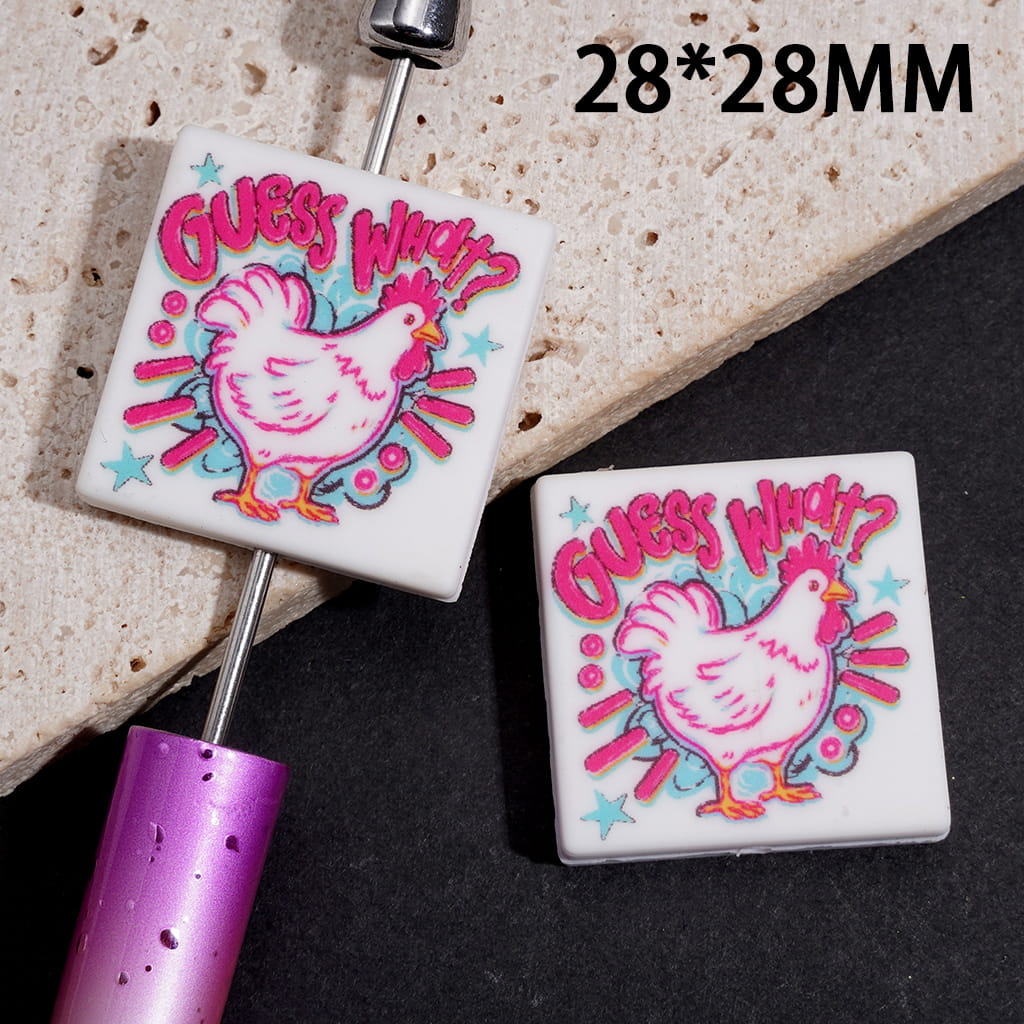 Silicone Focal Beads with Text "GUESS WHAT?" and Rooster, Flat Round Shape