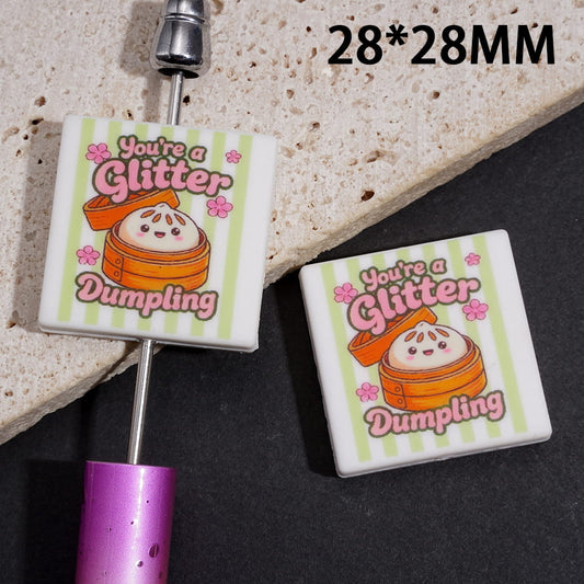Silicone Focal Beads w Steamer Basket &  Text "you 're a Glitter Dumpling", Flat Square Shape