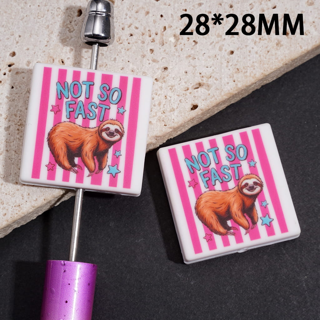 Silicone Focal Beads w Text "NOT SO FAST" and Sloth, Flat Square Shape