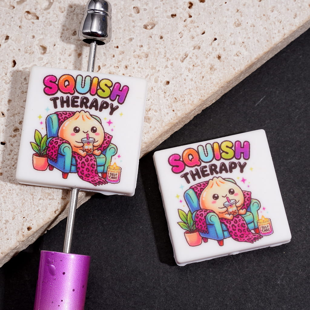 Silicone Focal Beads w "DUMPLING SQUISH CLUB" Text,  Steamed Dumplings in Bamboo Basket, Flat Square Shape