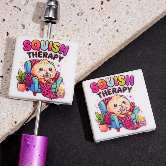 Silicone Focal Beads w "DUMPLING SQUISH CLUB" Text,  Steamed Dumplings in Bamboo Basket, Flat Square Shape