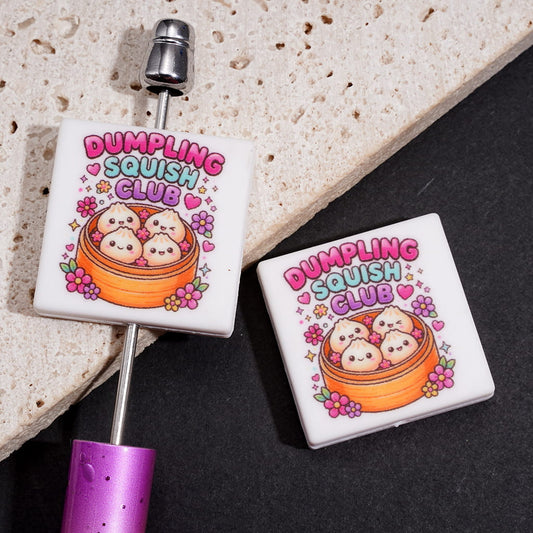 Silicone Focal Beads w "DUMPLING SQUISH CLUB" Text,  Steamed Dumplings in Bamboo Basket, Flat Square Shape