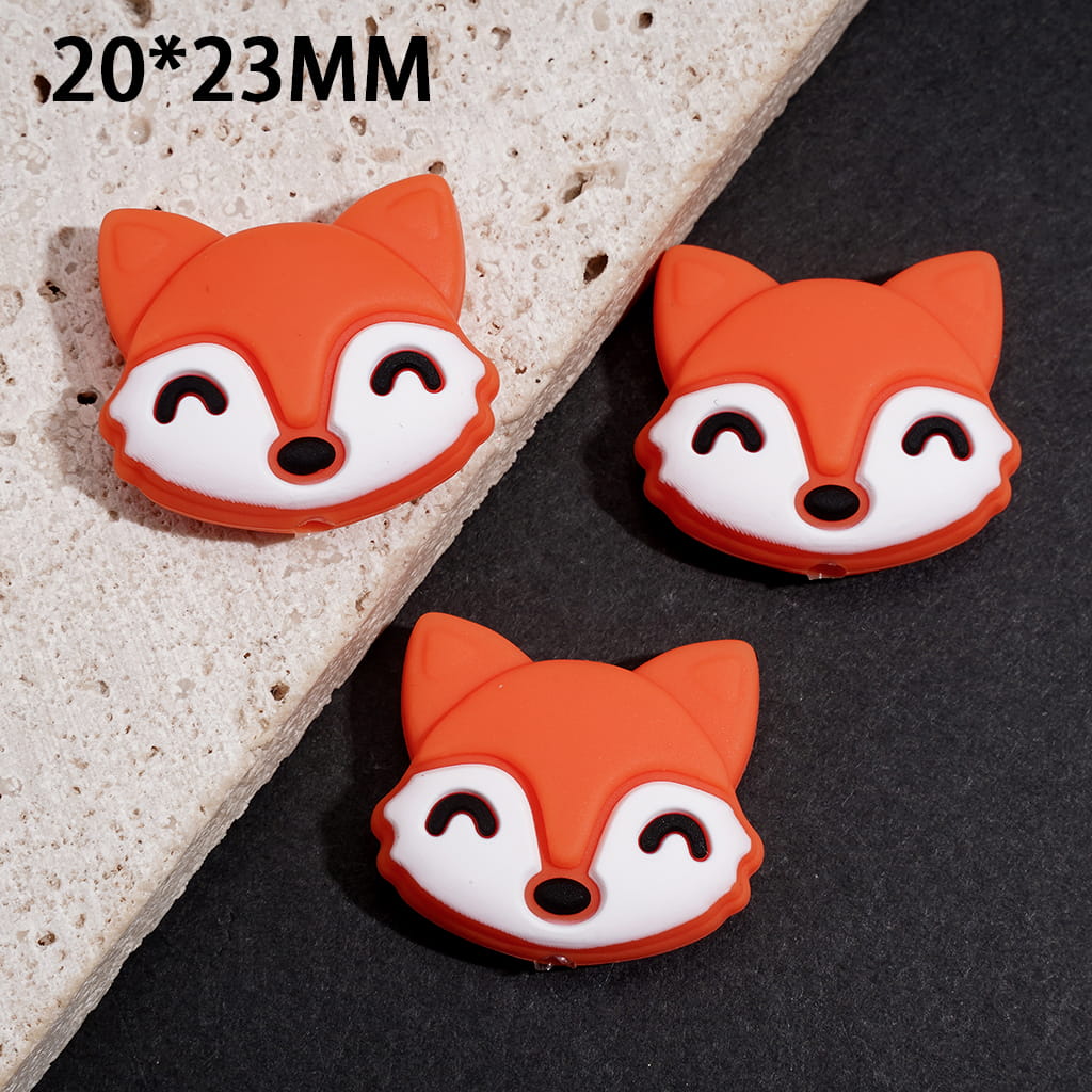 Silicone Focal Beads with Smiling Orange Fox Face, 20*23MM