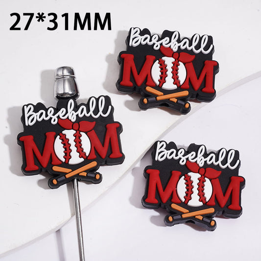 Silicone Focal Beads Baseball Mom Text with Baseball, Crossed Bats & Bow, 27*31MM