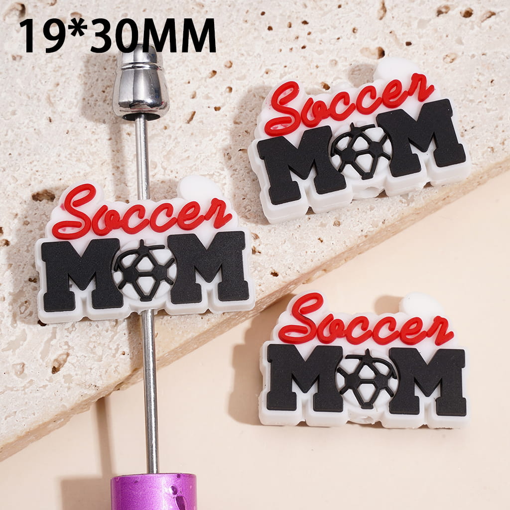 Silicone Focal Beads Soccer Mom Text with Ball Sport Theme, 19*30MM