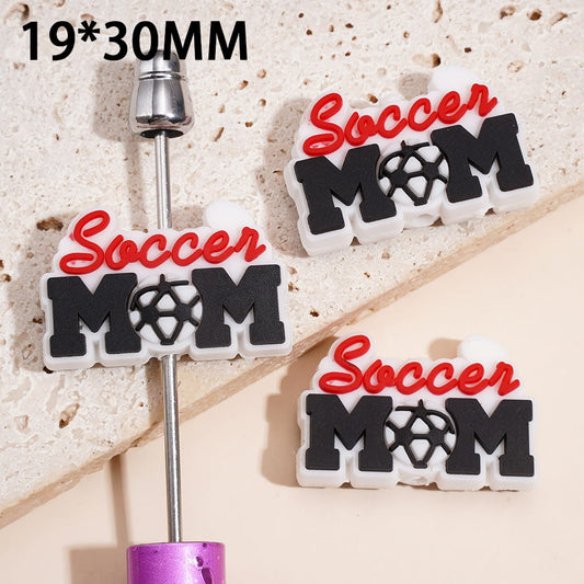 Silicone Focal Beads Soccer Mom Text with Ball Sport Theme, 19*30MM