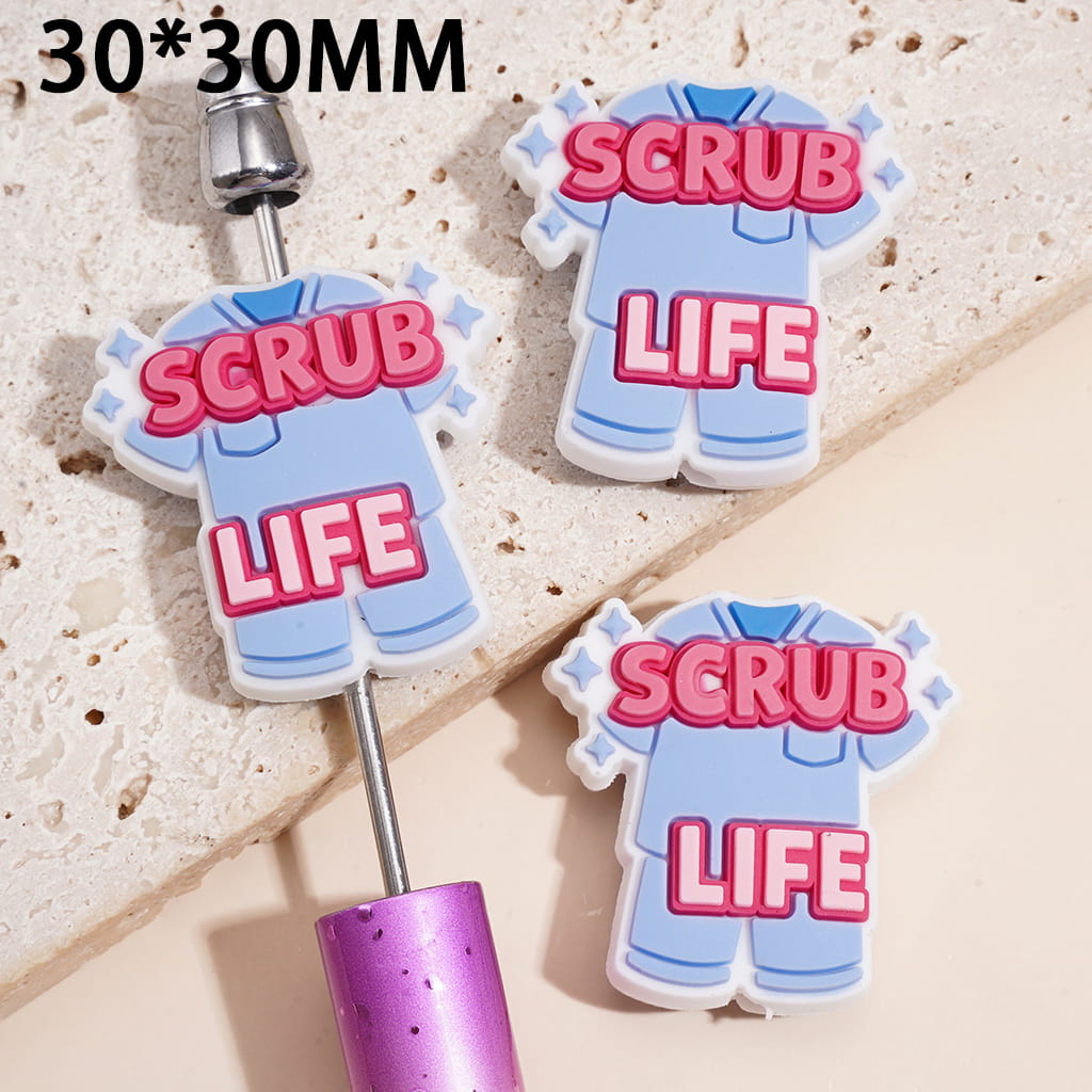 Silicone Focal Beads with Scrub Life Text & Blue Medical Nurse Scrubs, 30*30MM