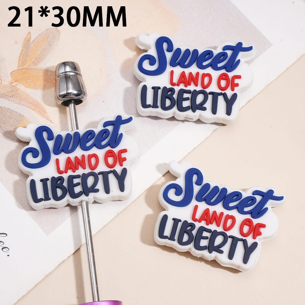 Silicone Focal Beads with "Sweet Land of Liberty" Text USA Independence Day Theme, 21*30MM