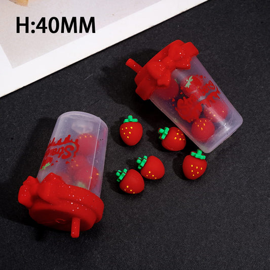 Silicone Focal Beads with Mini Strawberry Milk Tea Cup Shaker Design, Height 40MM