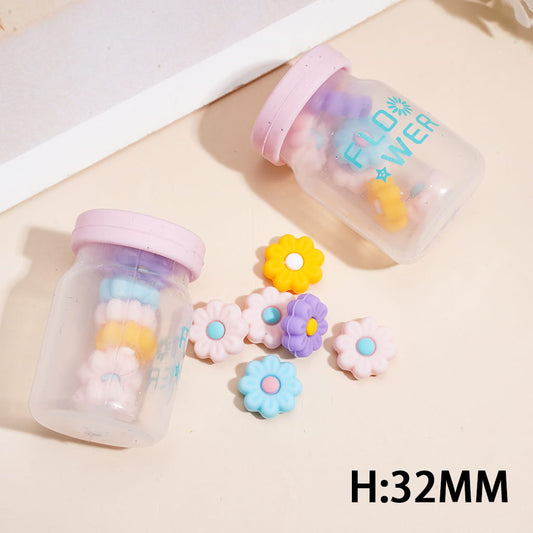Silicone Focal Beads with Colorful Pastel Daisy Flower Bottle Shaker Design, Height 32MM