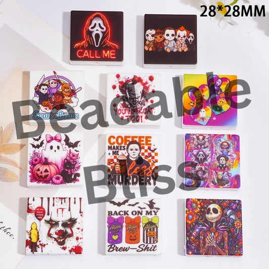 Halloween Ghost Skull Skeleton Horror Character Theme Silicone Focal Beads, Flat Square Shape, Random Mix