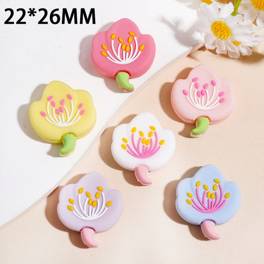 Silicone Focal Beads Peach Flower with Pistils and Stalks Multi-Color, 22*26MM Random Mix