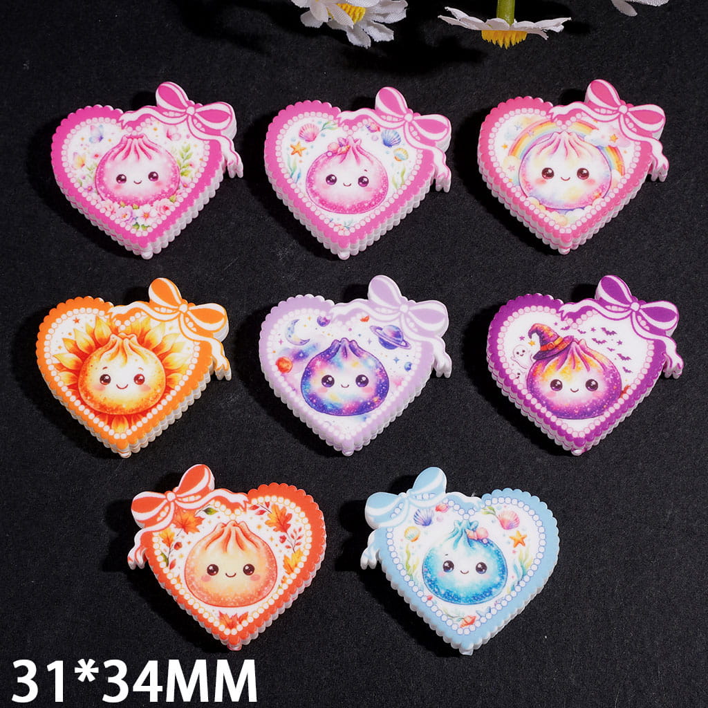 Silicone Focal Beads Heart Shape with Various Style Dumpling and Bowknot, 31*34MM Multi Colors, Random Mix
