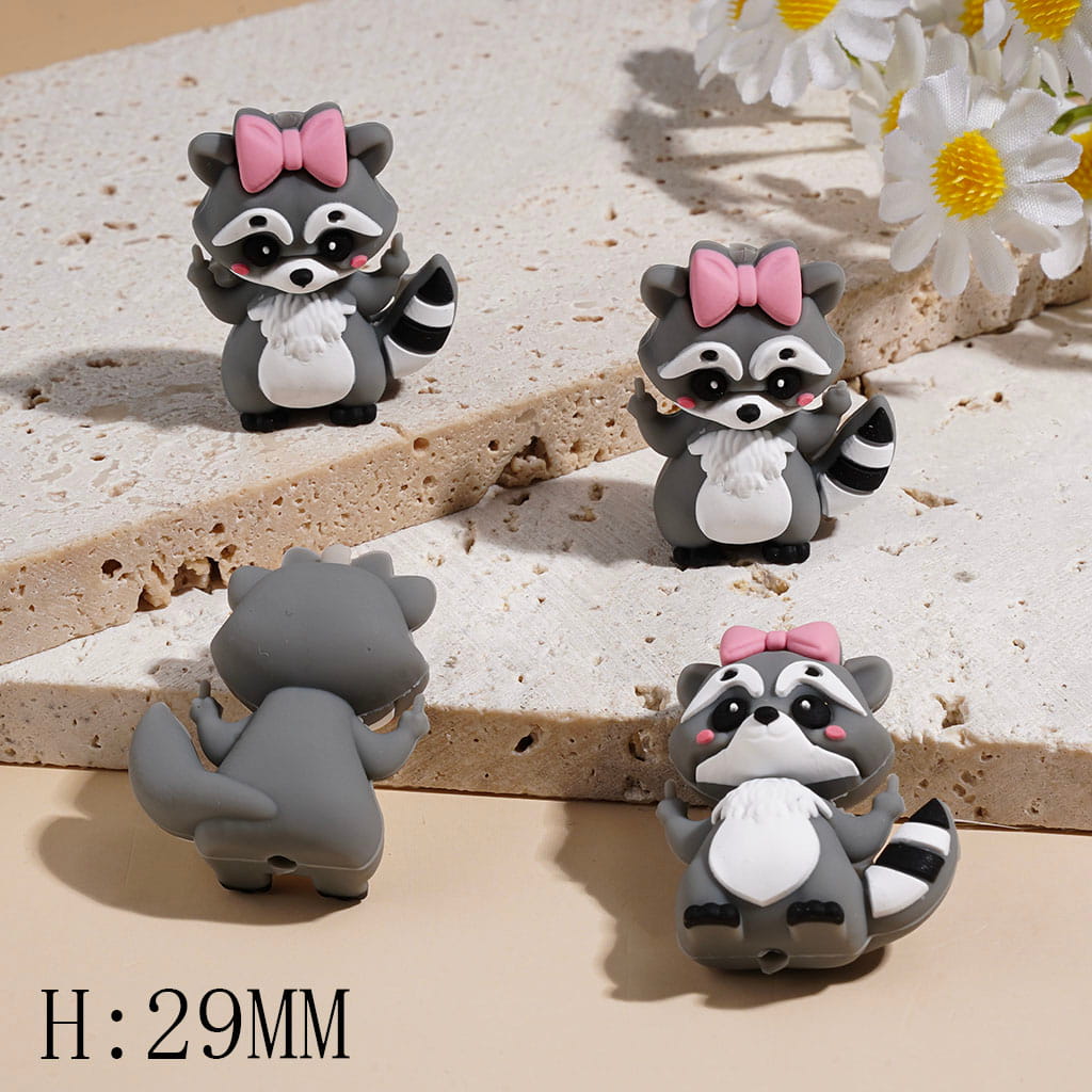 3D Roccoon with Pink Bow and Humor Gesture Silicone Focal Beads Height 29MM