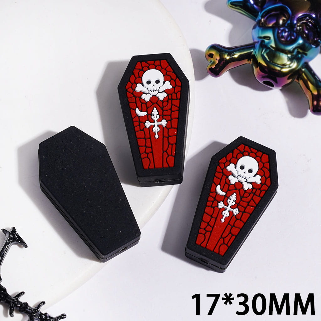 Halloween Series Coffin with Skull Cross Silicone Focal Beads, 17*30MM