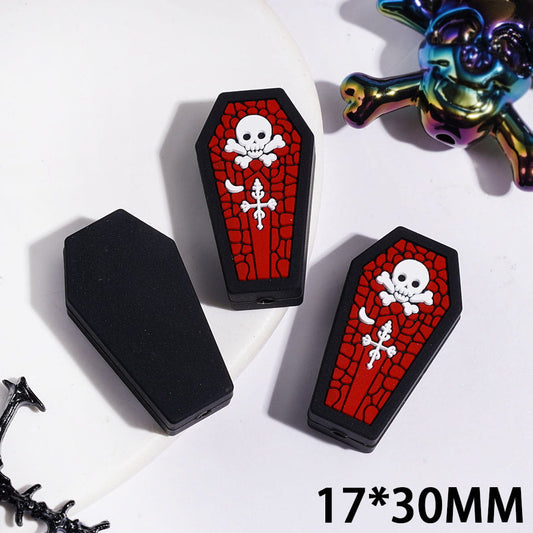 Halloween Series Coffin with Skull Cross Silicone Focal Beads, 17*30MM