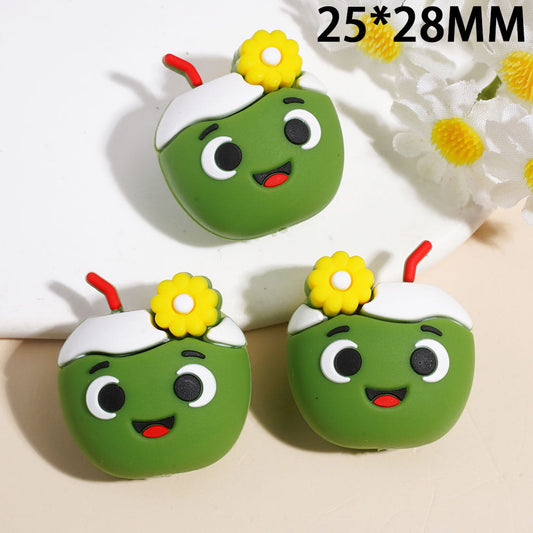 Silicone Focal Beads 3D Smiling Coconut with Yellow Flower, 25*28MM