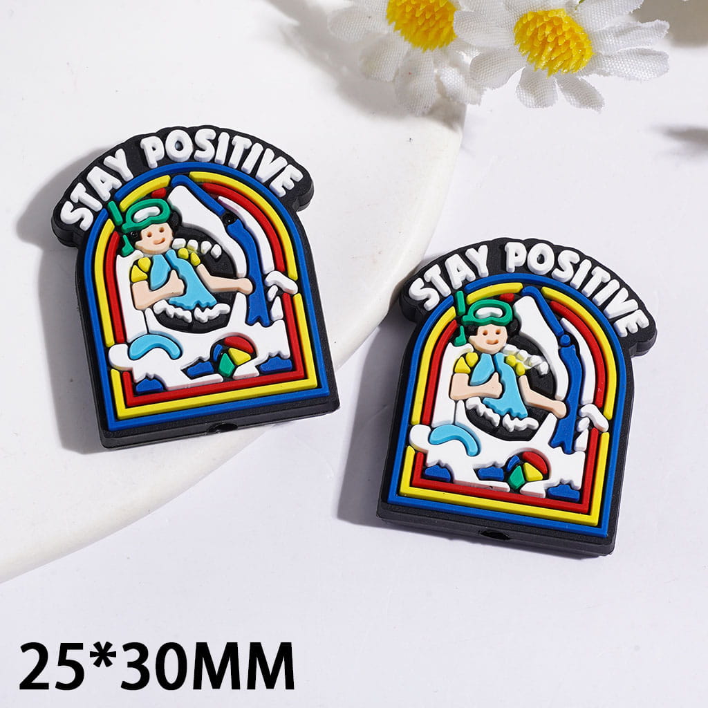Silicone Focal Beads with Rainbow Door Boy Ball Waves Text "Stay Positive", 25*30MM