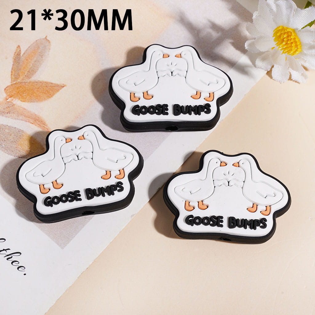 Two White Duck Clap Hand Text "GOOSE BUMPS" Silicone Focal Beads, 21*30MM