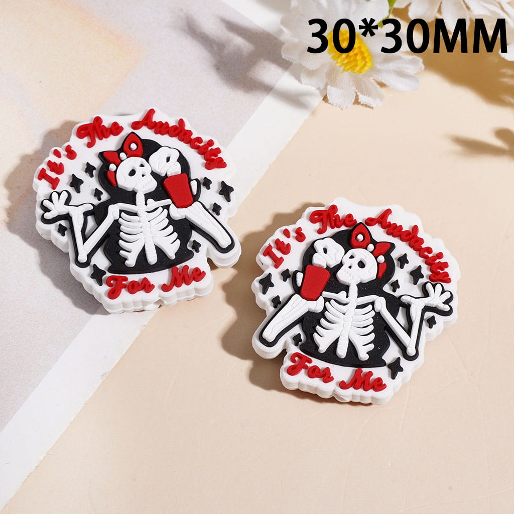 Silicone Focal Beads Skull with Red Bowtie and Take Red Cup Text "It's the audacity for me", Halloween Theme, 30*30MM