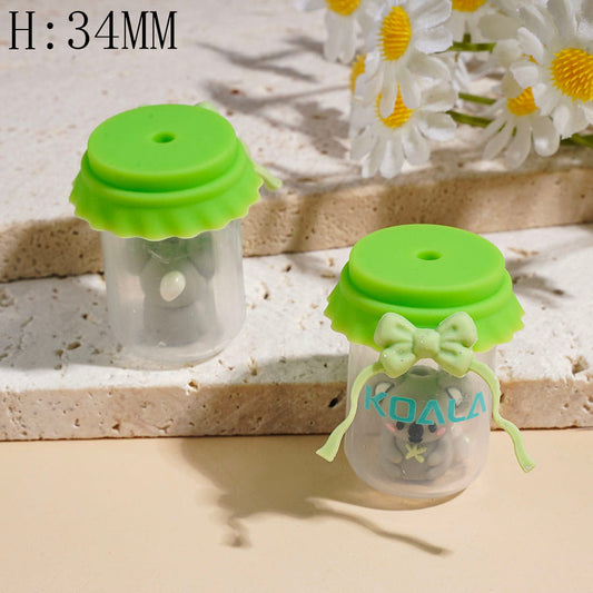 3D Soft Silicone Focal Beads Jar with Green Bottle Cap & Bowknot,  Koala and Colorful Stones, Height 34MM