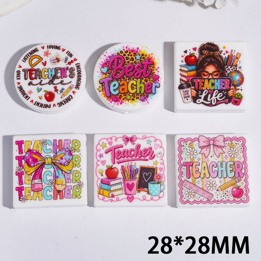 "TEACHER" Theme Silicone Focal Beads, Flat Square and Round Shape, Random Mix