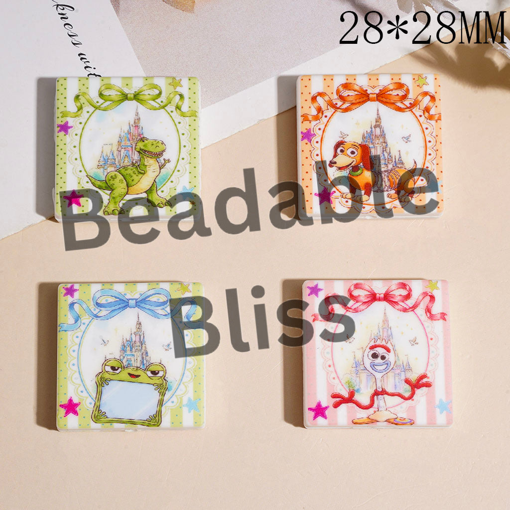 Silicone Focal Beads with Toy Adventure Character Series Castle Bowtie Star, Flat Square Shape, 28*28MM Random Mix