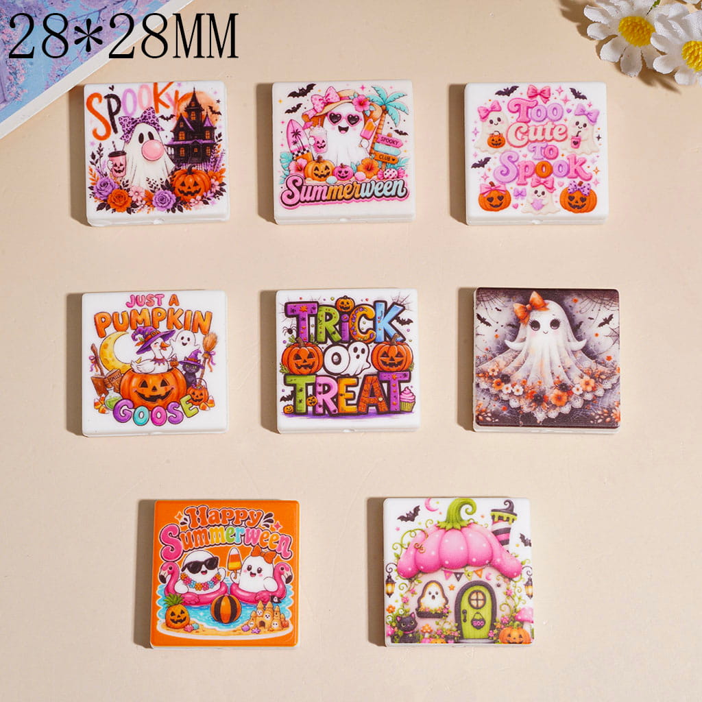 Silicone Focal Beads Summer Holiday Ghosts Pumpkins Castles Bats and Text, Halloween, Flat Square Shape, 28*28MM Random Mix