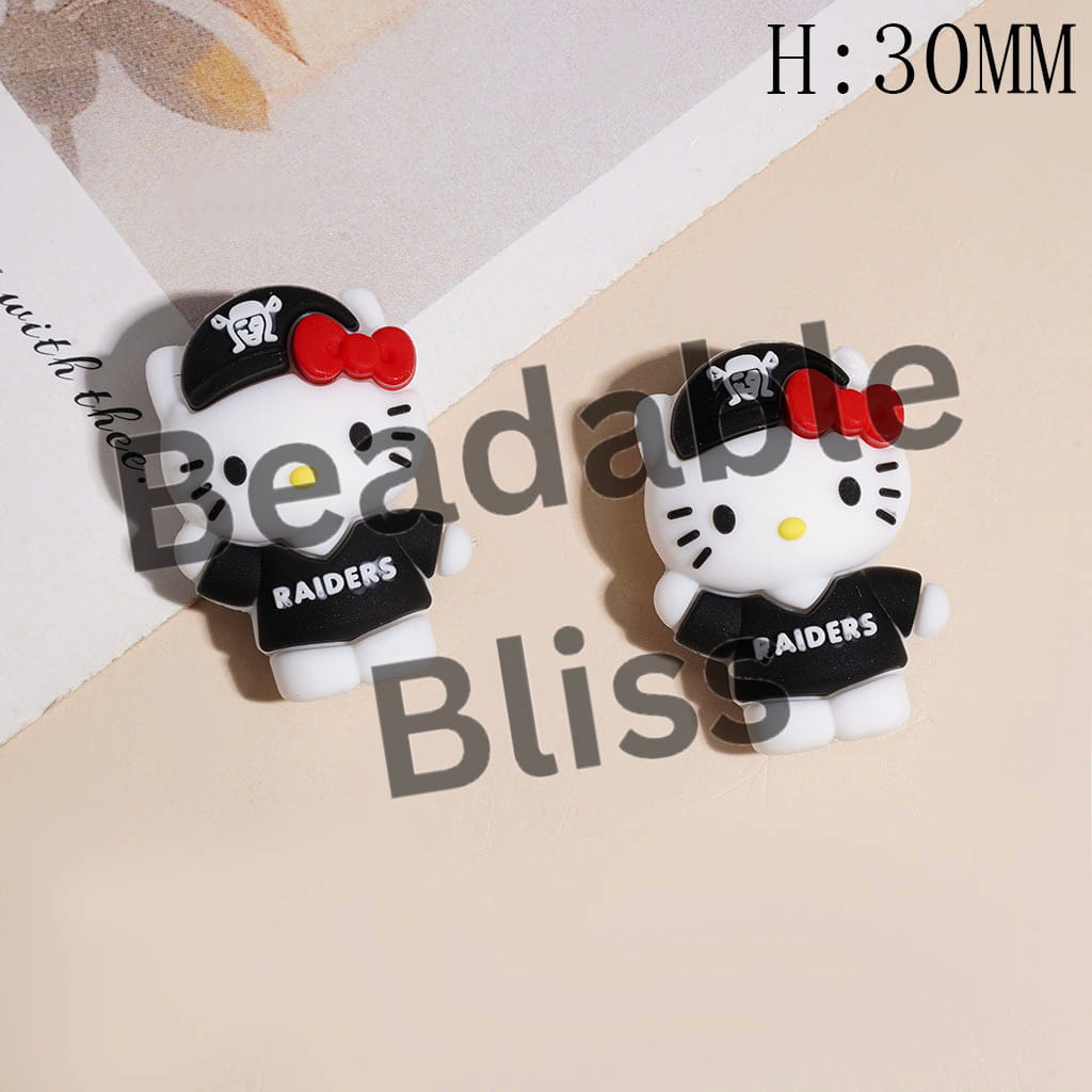 3D Cute Cat Character Wearing American Football Clothes and Pirate Avatar Cap Silicone Focal Beads, Height 30MM