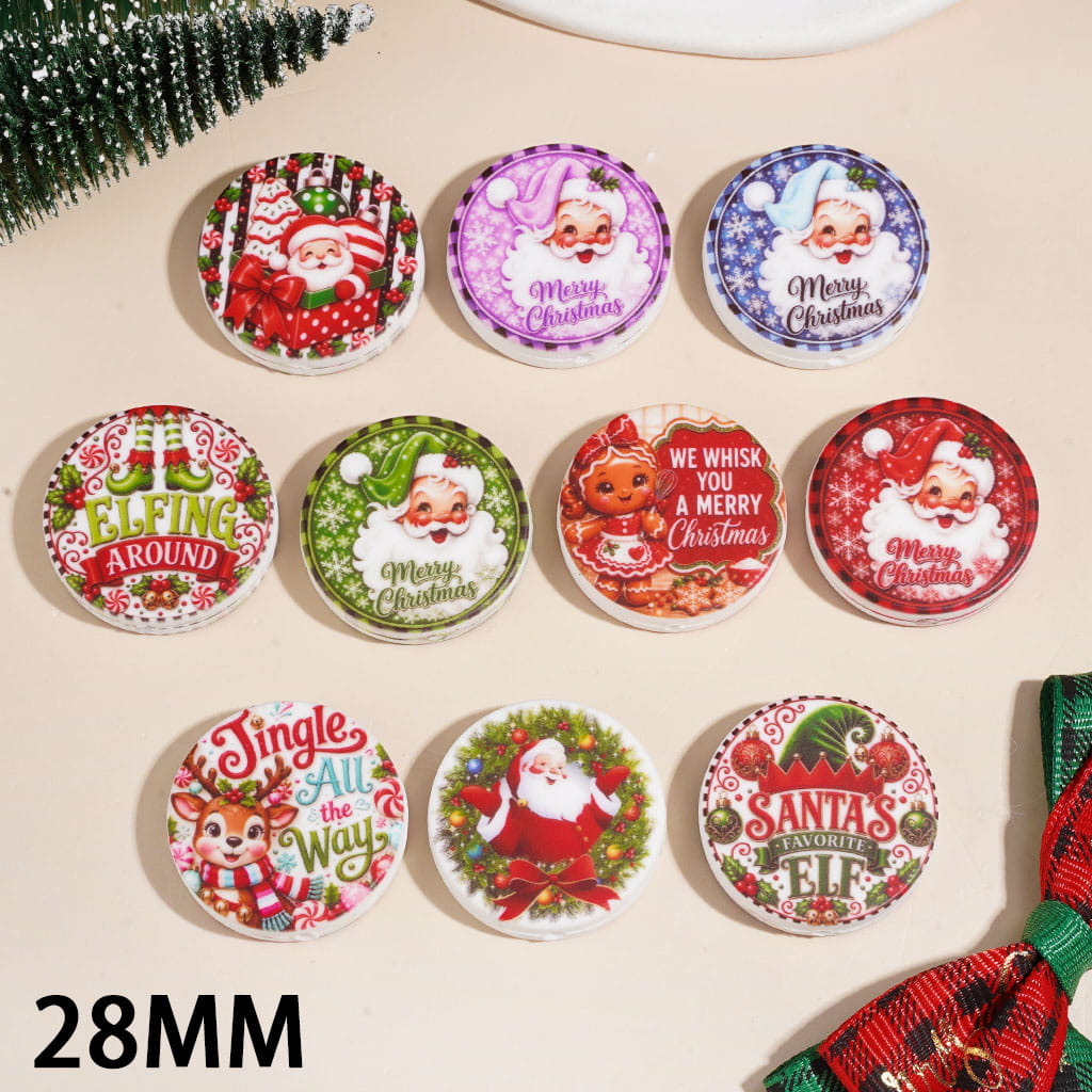 Silicone Focal Beads Christmas with Santa Gingerbread Men Reindeer Boot Hat, Flat Round Shape, 28MM Random Mix