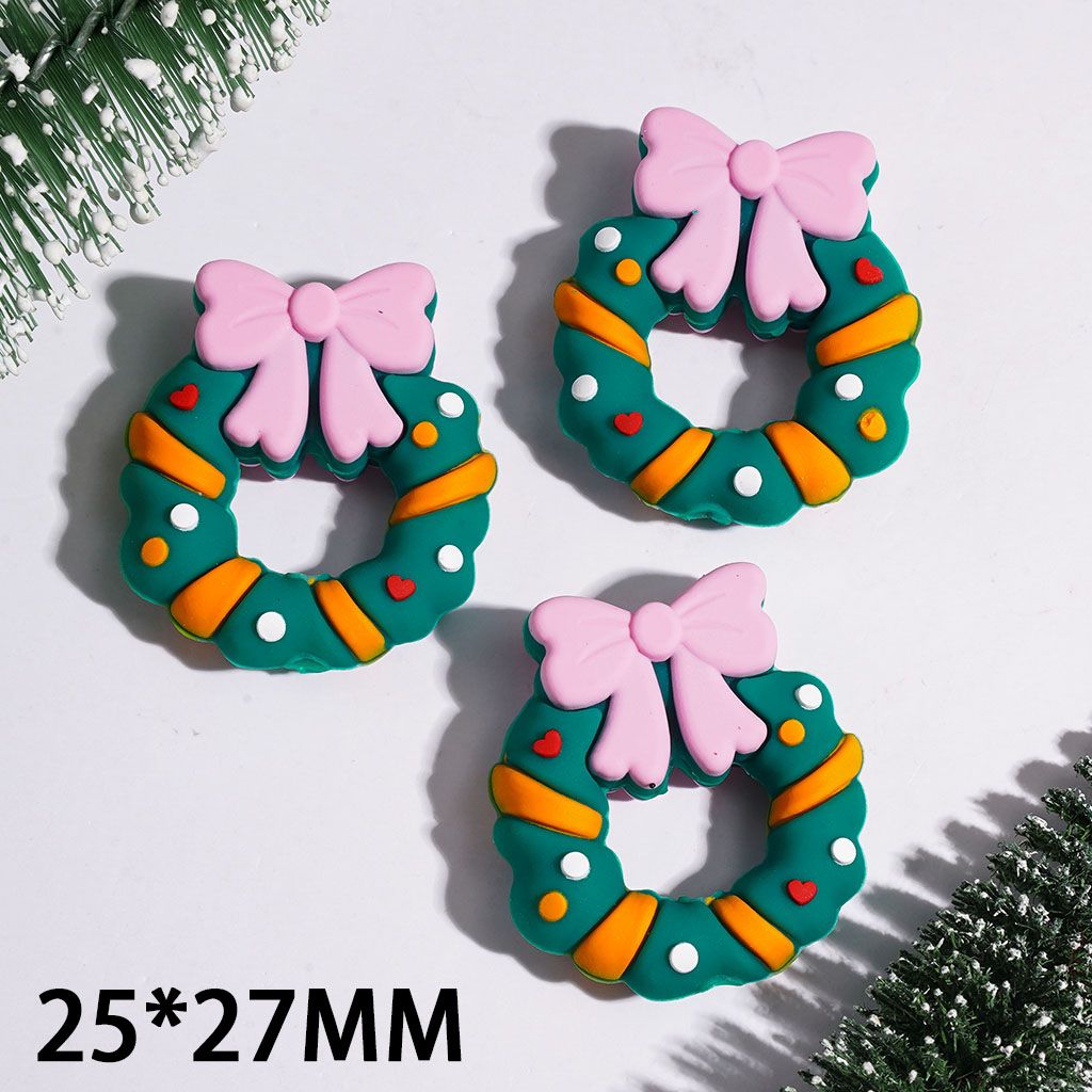 Silicone Focal Beads 3D Christmas Wreath with Pink Bowtie, 25*27MM