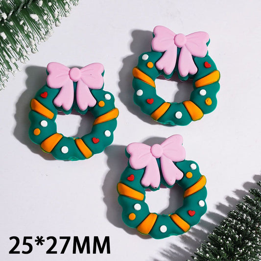 Silicone Focal Beads 3D Christmas Wreath with Pink Bowtie, 25*27MM