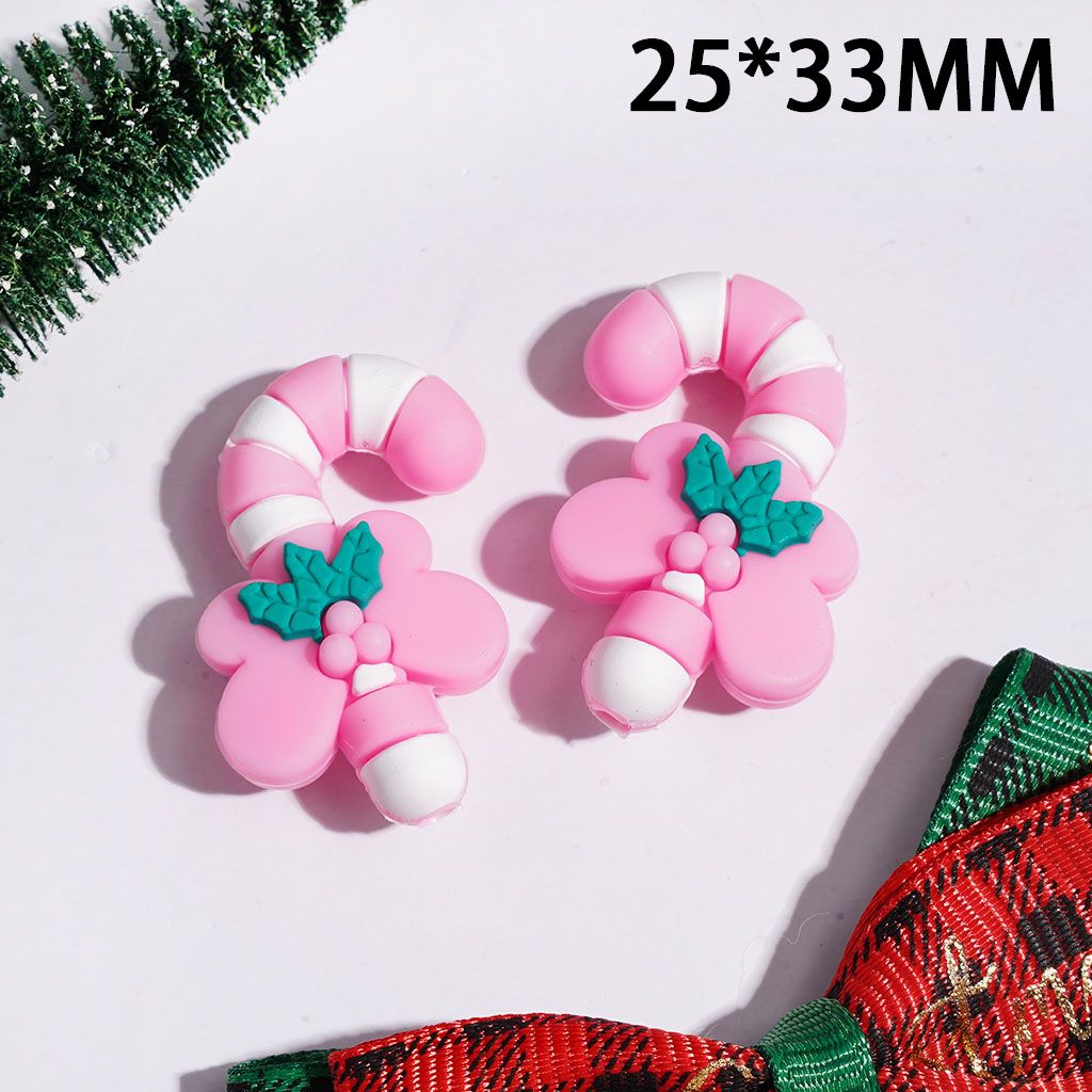 Silicone Focal Beads 3D Christmas Candy Cane with Pink Butterfly Wings and Green Leaf, 25*33MM