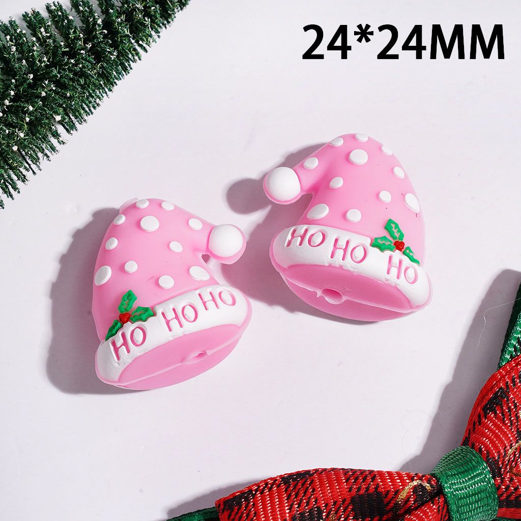 3D Pink Christmas Hat with Text "HO HO HO" and Ilex Aquifolium Silicone Focal Beads, 24*24MM