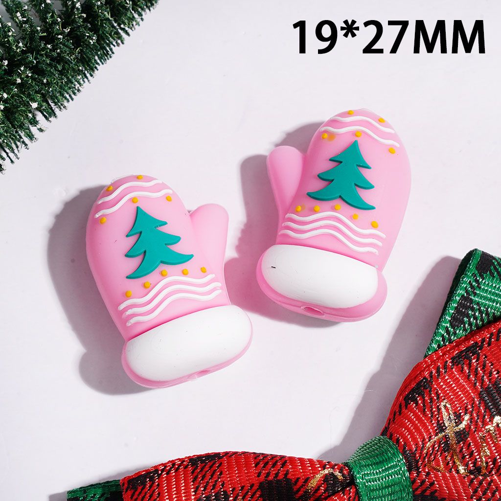 3D Pink Glove with Green Tree & Wavy Lines & Yellow Dots Silicone Focal Beads, 19*27MM