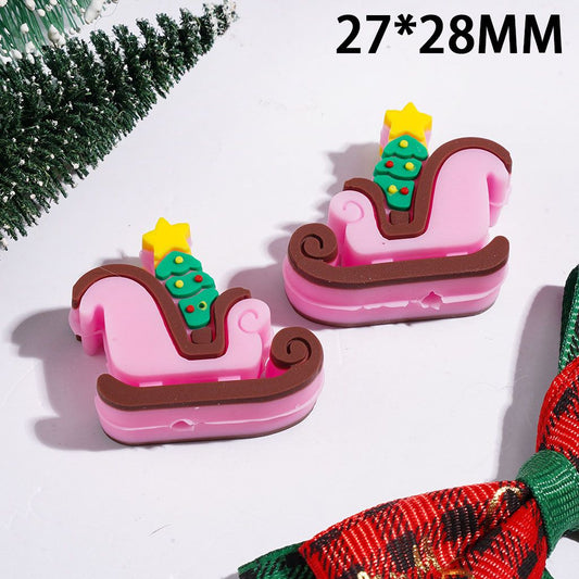 Silicone Focal Beads 3D Pink Sleigh with Green Christmas Tree, 27*28MM