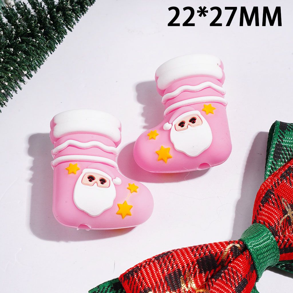 3D Pink Christmas Stocking with Santa Claus Head and Yellow Star Silicone Focal Beads, 22*27MM
