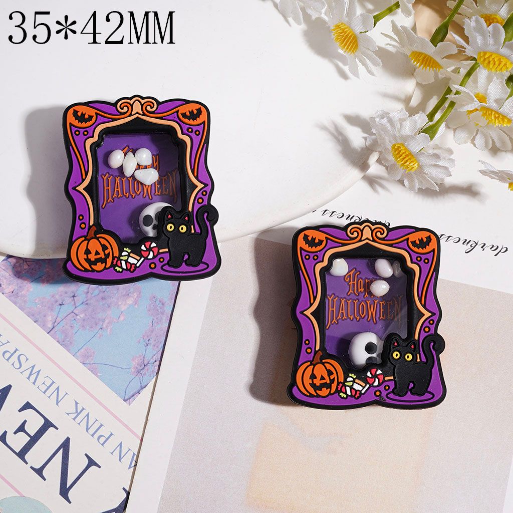 Silicone Shaker Beads with Skull Stone and Text "Happy Halloween", Purple Picture Frame Shape, 35*42MM