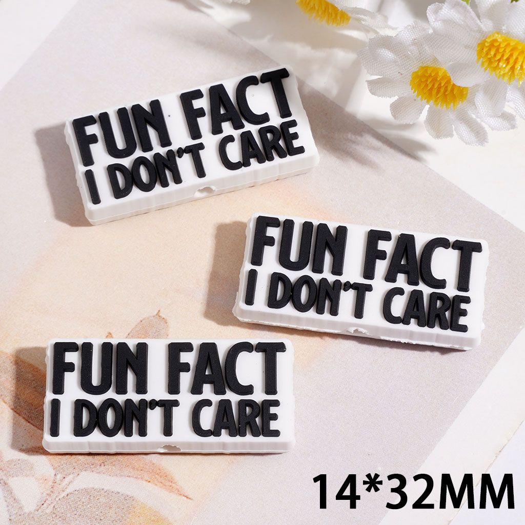 Silicone Focal Beads with Text "FUN FACT I DON'T CARE" on White Background, Flat Rectangle Shape, 14*32MM