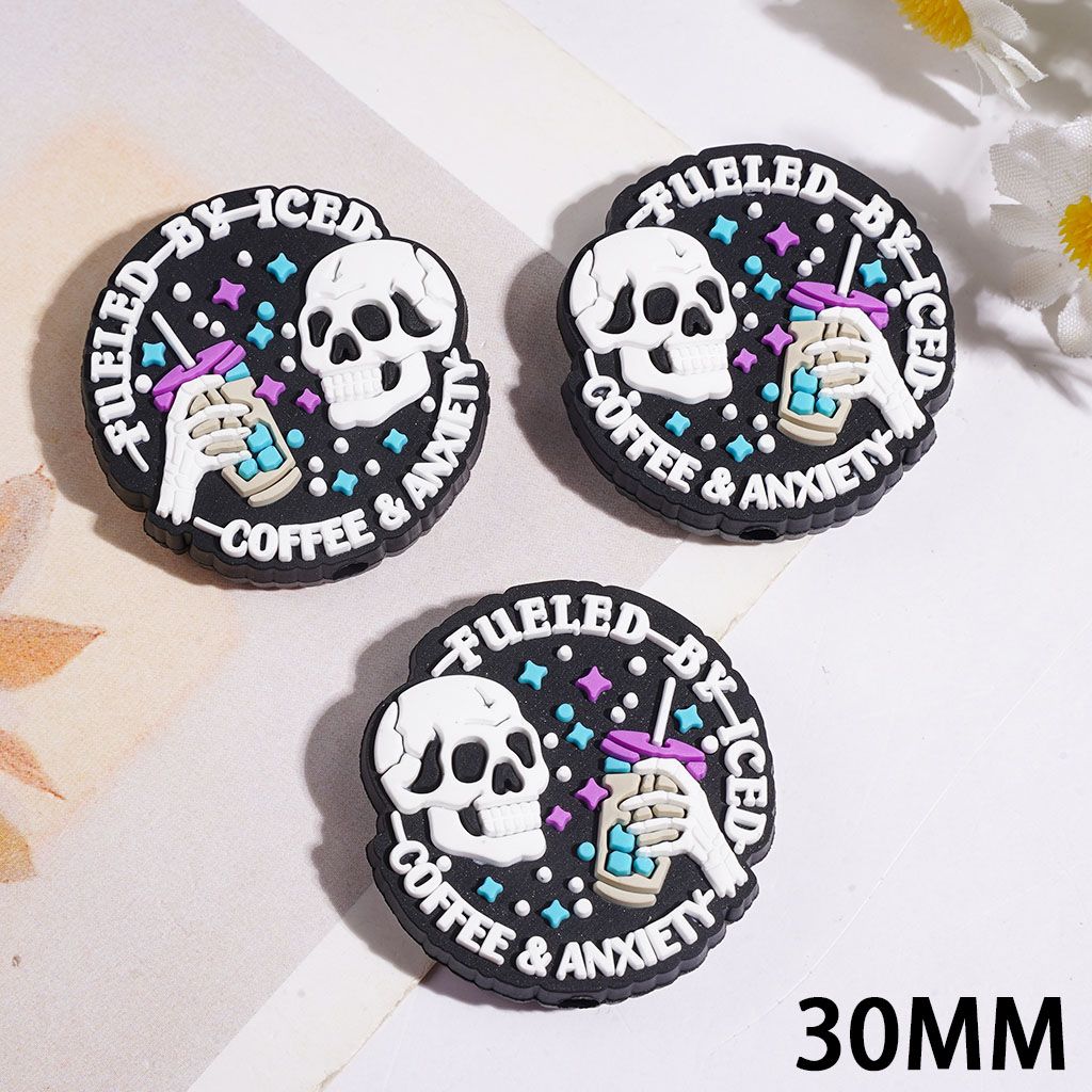 Silicone Focal Beads with Skull Holding Coffee and Text "FUELED BY ICED COFFEE & ANXIETY", 30MM, Flat Round Shape