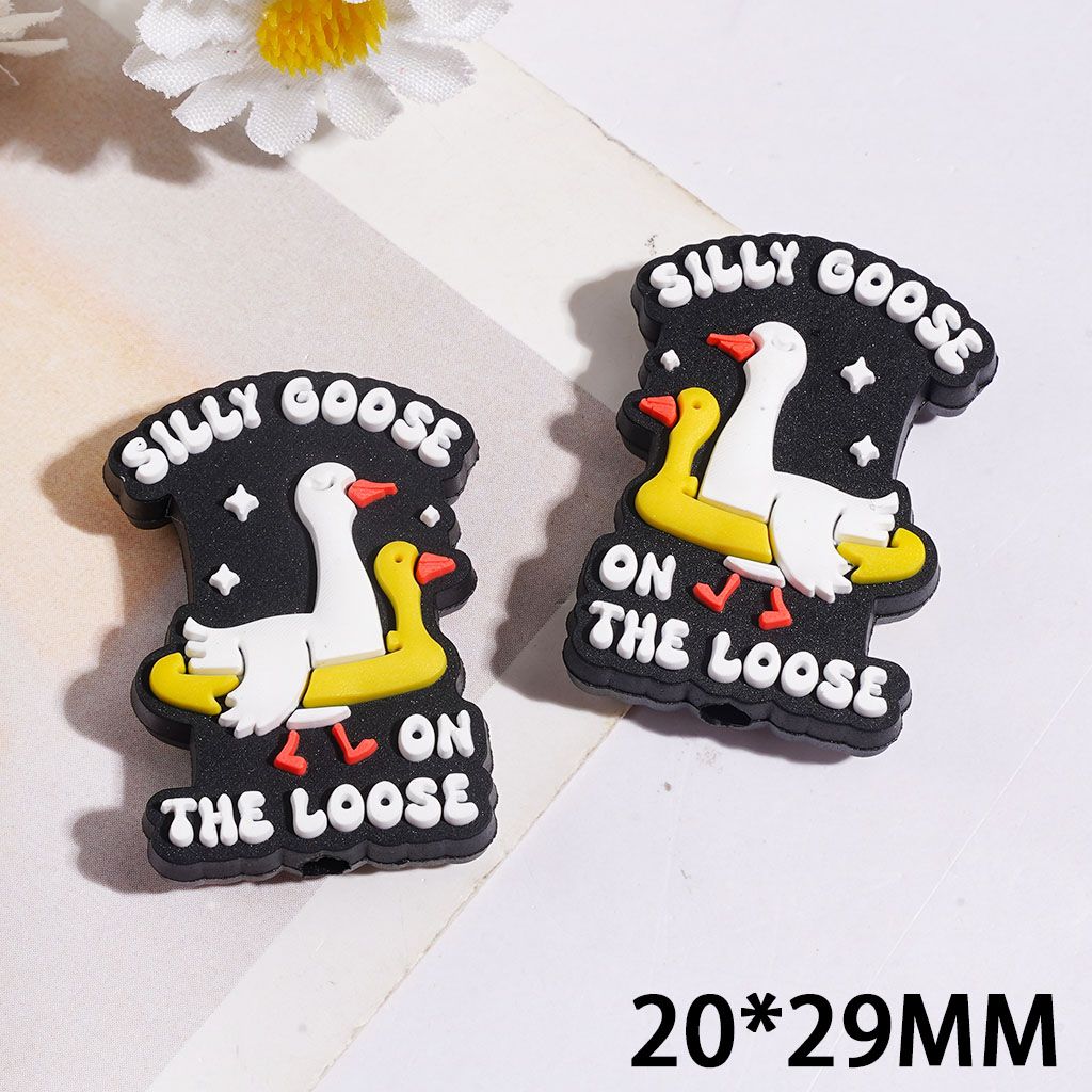 Silicone Focal Beads with White Goose Wearing Yellow Goose Swing Ring and Humor Text, 20*29MM