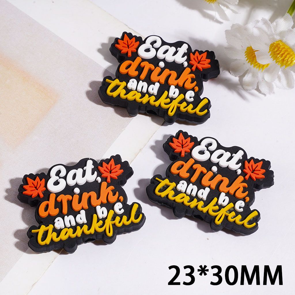 Silicone Focal Beads with Text "Eat Drink and be Thankful" and Orange Red Maple Leaves, 23*30MM